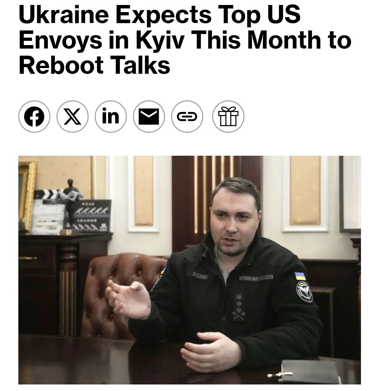 Снимок заголовка на bloomberg.com &ndash; Буданов анонсировал визит делегации США в Украину