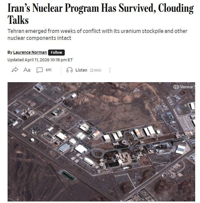 Снимок заголовка на wsj.com – Иран сохранил бо́льшую часть ядерного потенциала в ходе войны с США