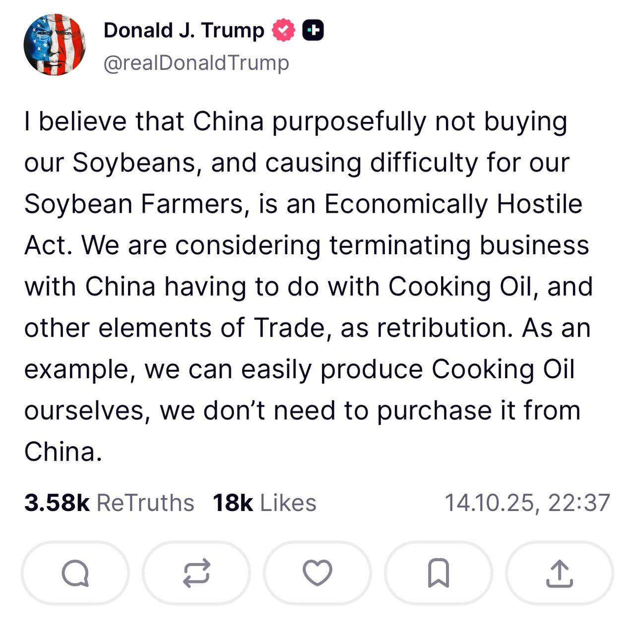 Снимок публикации на truthsocial.com - Трамп анонсировал прекращение торговли с Китаем в области сельского хозяйства