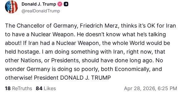 Трамп розкритикував Мерця за позицію ФРН щодо Ірану