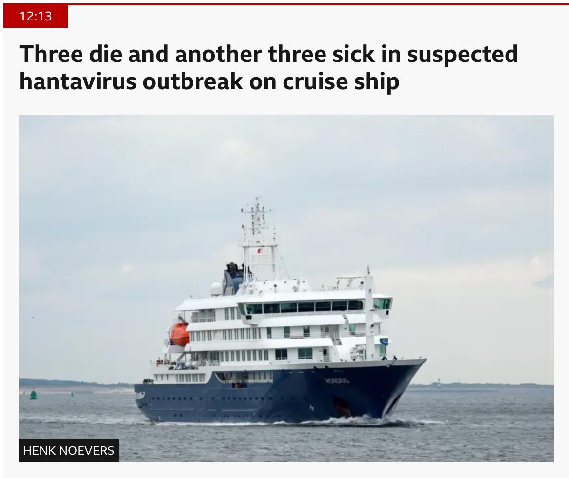 Снимок заголовка на bbc.com &ndash; На европейском круизном лайнее произошла вспышка хантавируса