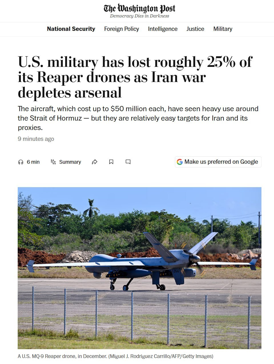 Снимок заголовка на washingtonpost.com &ndash; США потеряли четверть беспилотников Reaper на войне с Ираном