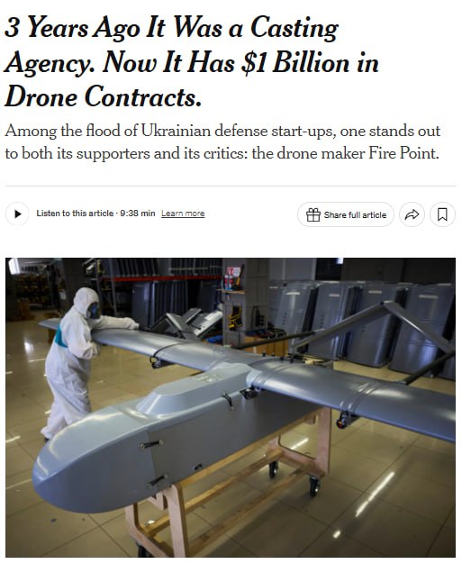 Знімок заголовка на nytimes.com - український виробник дронів Fire Point був пов'язаний з артистичною діяльністю Зеленського
