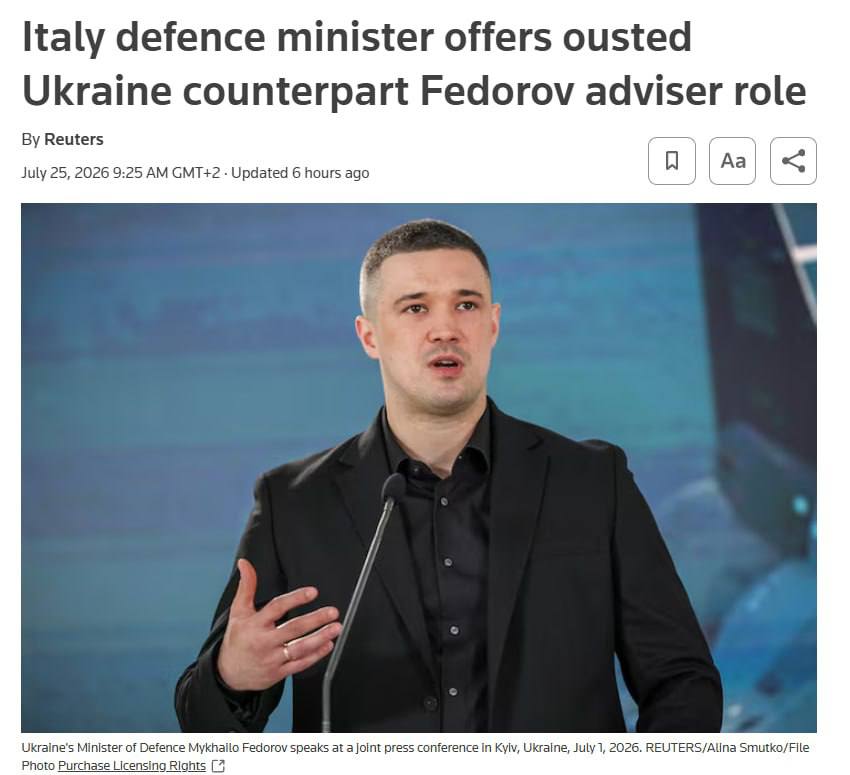 Снимок заголовка на reuters.com &ndash; Фёдорову предложили должность в Минобороны Италии