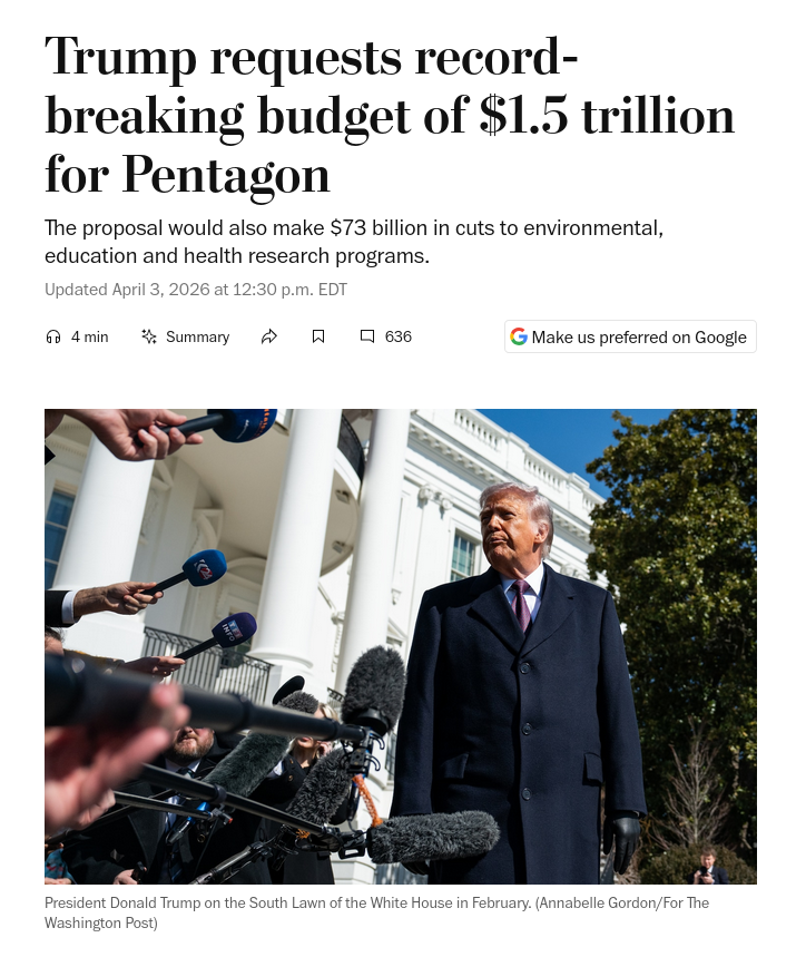 Знімок заголовка на washingtonpost.com - Трамп запросив рекордний військовий бюджет для США