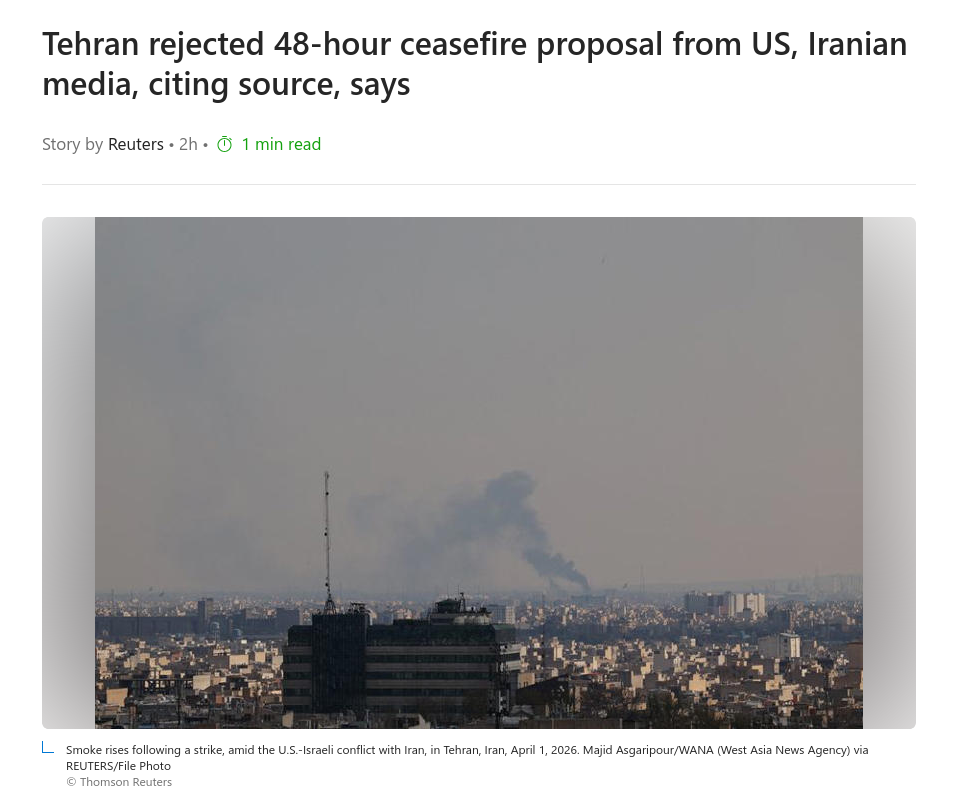 Знімок заголовка на msn.com – Іран відкинув пропозицію США про 48-годинне припинення вогню
