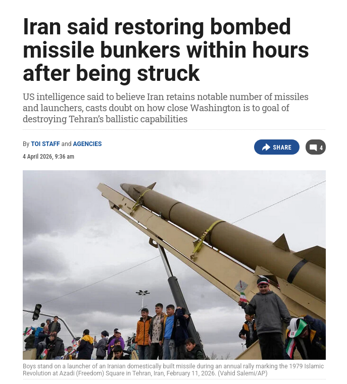 Снимок заголовка на timesofisrael.com &ndash; Иран быстро восстанавливает разрушенные ракетные базы