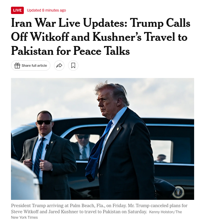 Знімок заголовка на nytimes.com – Трамп скасував поїздку Уіткоффа та Кушнера на переговори з Іраном