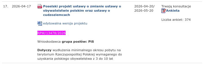 Знімок номера законопроекту на sejm.gov.pl &ndash; Польща посилює покарання іноземців за порушення