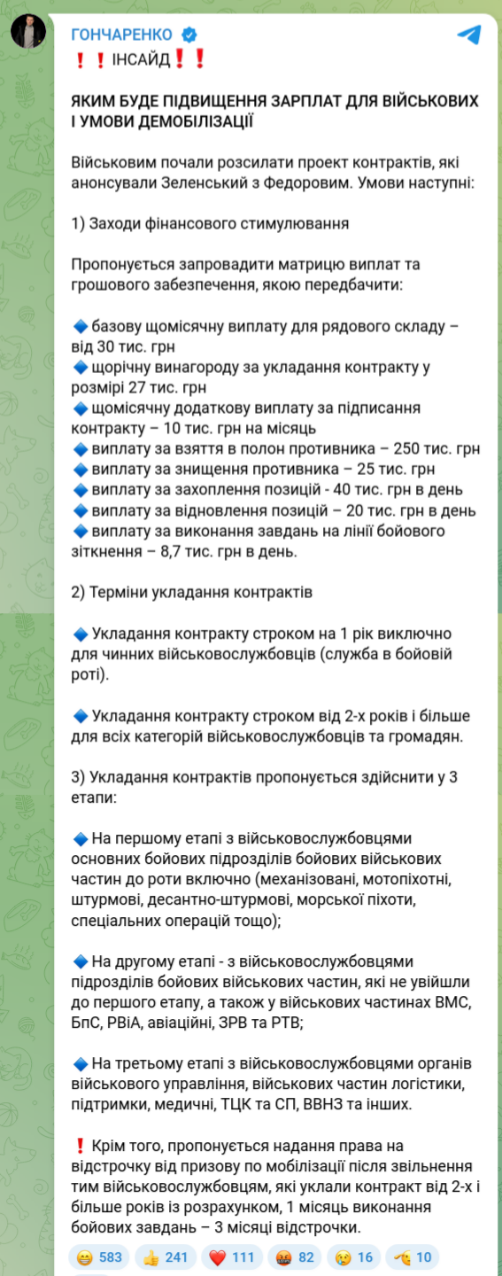 Знімок повідомлення у Телеграмі &ndash; нардеп Гончаренко повідомив про підвищення виплат до ЗСУ