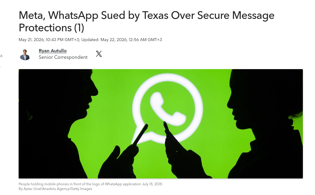 Знімок заголовка на bloomberglaw.com - Штат Техас подає на WhatsApp та Meta