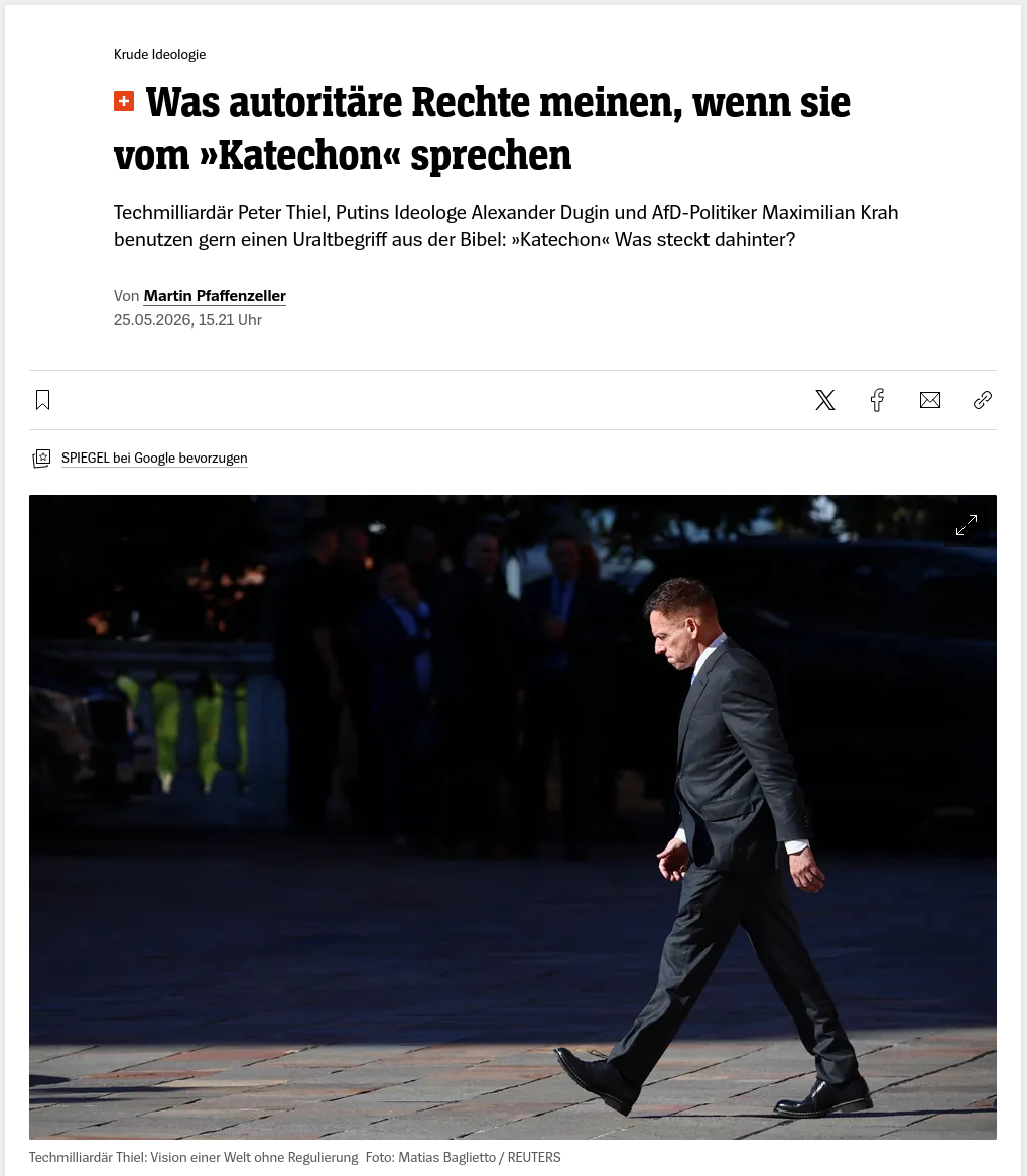 Знімок заголовка на spiegel.de – Пітеру Тілю не дали прочитати лекцію про Антихриста в Австрії