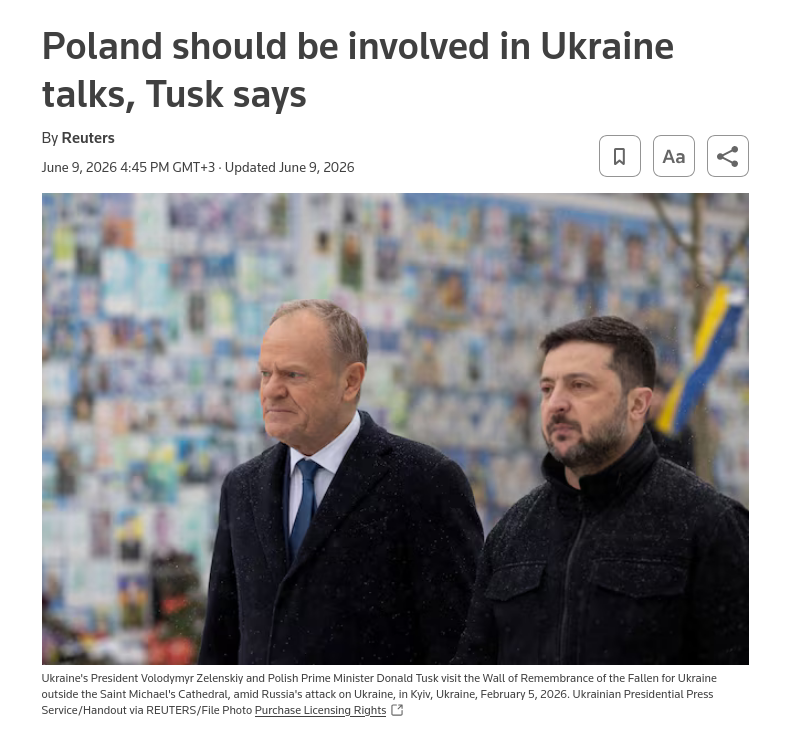 Снимок заголовка на reuters.com &ndash; Польша требует место за столом переговоров Украины и России