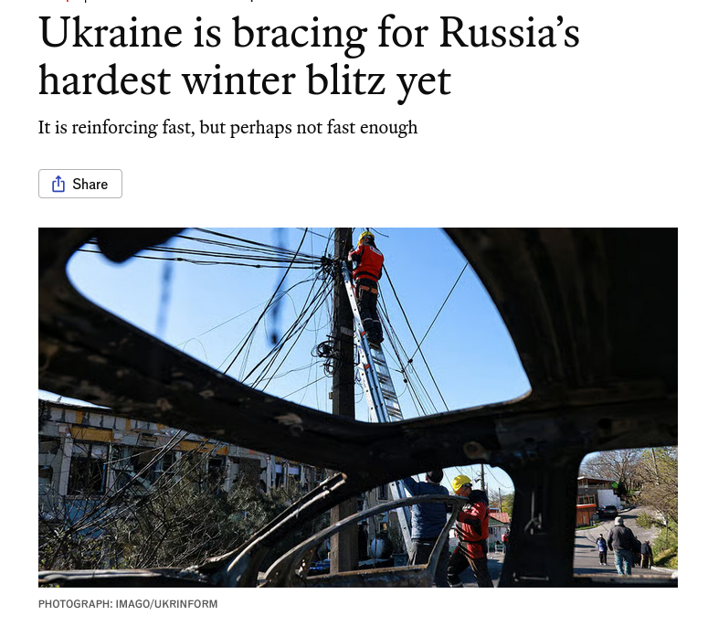 Снимок заголовка на economist.com – Россия наращивает производство дронов для ударов по инфраструктуре Украины