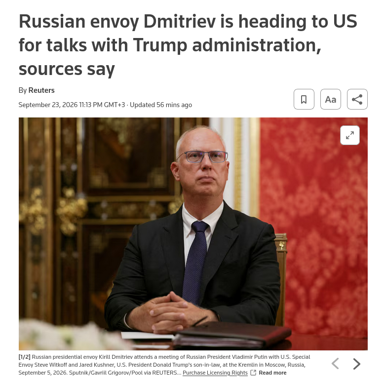 Зображення заголовка на reuters.com &ndash; Представник Путіна вилетів у США на переговори