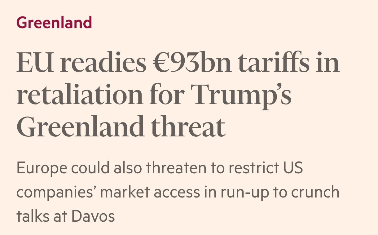 Снимок заголовка на ft.com - Евросоюз пошлины против США на &euro;93 млрд из-за Гренландии