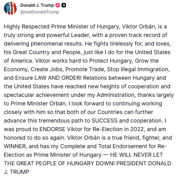 Снимок сообщения на truthsocial.com - Трамп поддержал Орбана на выборах в Венгрии