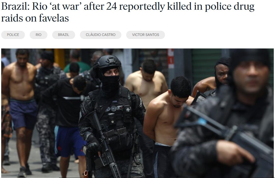 Знімок заголовка на theguardian.com - у Ріо-де-Жанейро йдуть масові збройні зіткнення наркоторговців із поліцією